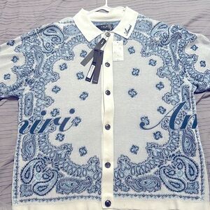 AMIRI XL, White and Blue cotton bandana ss polo